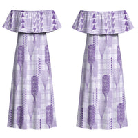 Aloha Hawaii Vintage Kahili Pa'a Lima Couples Matching Off Shoulder Maxi Dress and Long Sleeve Button Shirt Palaka Print Pastel Lavender