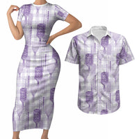 Aloha Hawaii Vintage Kahili Pa'a Lima Couples Matching Short Sleeve Bodycon Dress and Hawaiian Shirt Palaka Print Pastel Lavender