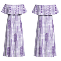 Aloha Hawaii Vintage Kahili Pa'a Lima Family Matching Off Shoulder Maxi Dress and Hawaiian Shirt Palaka Print Pastel Lavender LT7 Mom's Dress Lavender - Polynesian Pride