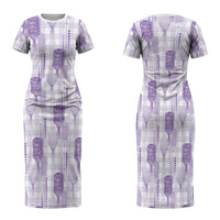 Aloha Hawaii Vintage Kahili Pa'a Lima Family Matching Short Sleeve Bodycon Dress and Hawaiian Shirt Palaka Print Pastel Lavender LT7 Mom's Dress Lavender - Polynesian Pride
