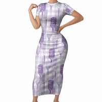 Aloha Hawaii Vintage Kahili Pa'a Lima Short Sleeve Bodycon Dress Palaka Print Pastel Lavender LT7 Long Dress Lavender - Polynesian Pride