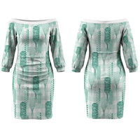 Aloha Hawaii Vintage Kahili Pa'a Lima Couples Matching Off The Shoulder Long Sleeve Dress and Hawaiian Shirt Palaka Print Mossy Teal