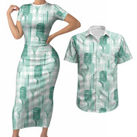 Aloha Hawaii Vintage Kahili Pa'a Lima Couples Matching Short Sleeve Bodycon Dress and Hawaiian Shirt Palaka Print Mossy Teal