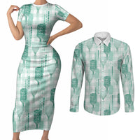 Aloha Hawaii Vintage Kahili Pa'a Lima Couples Matching Short Sleeve Bodycon Dress and Long Sleeve Button Shirt Palaka Print Mossy Teal