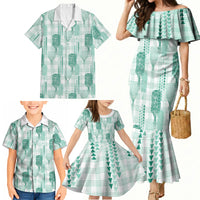 Aloha Hawaii Vintage Kahili Pa'a Lima Family Matching Mermaid Dress and Hawaiian Shirt Palaka Print Mossy Teal LT7 - Polynesian Pride
