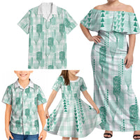 Aloha Hawaii Vintage Kahili Pa'a Lima Family Matching Off Shoulder Maxi Dress and Hawaiian Shirt Palaka Print Mossy Teal LT7 - Polynesian Pride