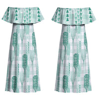 Aloha Hawaii Vintage Kahili Pa'a Lima Family Matching Off Shoulder Maxi Dress and Hawaiian Shirt Palaka Print Mossy Teal LT7 Mom's Dress Mossy Teal - Polynesian Pride