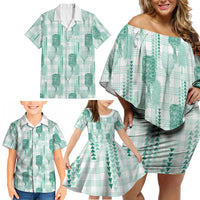 Aloha Hawaii Vintage Kahili Pa'a Lima Family Matching Off Shoulder Short Dress and Hawaiian Shirt Palaka Print Mossy Teal LT7 - Polynesian Pride