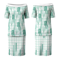Aloha Hawaii Vintage Kahili Pa'a Lima Family Matching Puletasi and Hawaiian Shirt Palaka Print Mossy Teal LT7 Mom's Dress Mossy Teal - Polynesian Pride