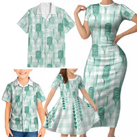 Aloha Hawaii Vintage Kahili Pa'a Lima Family Matching Short Sleeve Bodycon Dress and Hawaiian Shirt Palaka Print Mossy Teal LT7 - Polynesian Pride