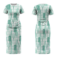Aloha Hawaii Vintage Kahili Pa'a Lima Family Matching Short Sleeve Bodycon Dress and Hawaiian Shirt Palaka Print Mossy Teal LT7 Mom's Dress Mossy Teal - Polynesian Pride