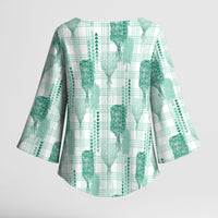 Aloha Hawaii Vintage Kahili Pa'a Lima Kimono Sleeve Blouse Palaka Print Mossy Teal