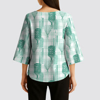 Aloha Hawaii Vintage Kahili Pa'a Lima Kimono Sleeve Blouse Palaka Print Mossy Teal