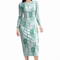 Aloha Hawaii Vintage Kahili Pa'a Lima Long Sleeve Bodycon Dress Palaka Print Mossy Teal LT7 Long Dress Mossy Teal - Polynesian Pride