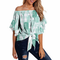 Aloha Hawaii Vintage Kahili Pa'a Lima Off Shoulder Wrap Waist Top Palaka Print Mossy Teal LT7 - Polynesian Pride