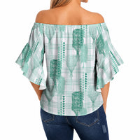 Aloha Hawaii Vintage Kahili Pa'a Lima Off Shoulder Wrap Waist Top Palaka Print Mossy Teal LT7 - Polynesian Pride