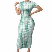 Aloha Hawaii Vintage Kahili Pa'a Lima Short Sleeve Bodycon Dress Palaka Print Mossy Teal LT7 Long Dress Mossy Teal - Polynesian Pride
