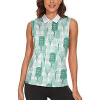 Aloha Hawaii Vintage Kahili Pa'a Lima Women Sleeveless Polo Shirt Palaka Print Mossy Teal