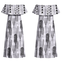 Aloha Hawaii Vintage Kahili Pa'a Lima Family Matching Off Shoulder Maxi Dress and Hawaiian Shirt Palaka Print Hinahina LT7 Mom's Dress Gray - Polynesian Pride