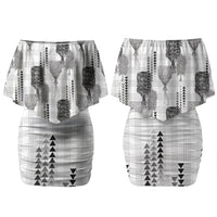 Aloha Hawaii Vintage Kahili Pa'a Lima Family Matching Off Shoulder Short Dress and Hawaiian Shirt Palaka Print Hinahina LT7 Mom's Dress Gray - Polynesian Pride