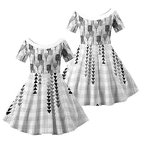 Aloha Hawaii Vintage Kahili Pa'a Lima Family Matching Off Shoulder Short Dress and Hawaiian Shirt Palaka Print Hinahina LT7 Daughter's Dress Gray - Polynesian Pride