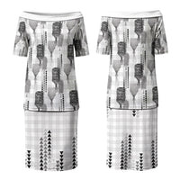 Aloha Hawaii Vintage Kahili Pa'a Lima Family Matching Puletasi and Hawaiian Shirt Palaka Print Hinahina LT7 Mom's Dress Gray - Polynesian Pride