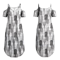Aloha Hawaii Vintage Kahili Pa'a Lima Family Matching Summer Maxi Dress and Hawaiian Shirt Palaka Print Hinahina LT7 Mom's Dress Gray - Polynesian Pride