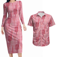 Aloha Hawaii Vintage Kahili Pa'a Lima Couples Matching Long Sleeve Bodycon Dress and Hawaiian Shirt Palaka Print Berry Pink