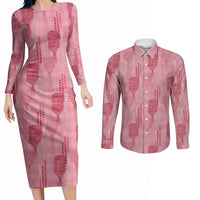 Aloha Hawaii Vintage Kahili Pa'a Lima Couples Matching Long Sleeve Bodycon Dress and Long Sleeve Button Shirt Palaka Print Berry Pink