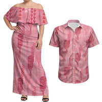 Aloha Hawaii Vintage Kahili Pa'a Lima Couples Matching Off Shoulder Maxi Dress and Hawaiian Shirt Palaka Print Berry Pink