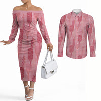 Aloha Hawaii Vintage Kahili Pa'a Lima Couples Matching Off The Shoulder Long Sleeve Dress and Long Sleeve Button Shirt Palaka Print Berry Pink