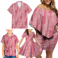 Aloha Hawaii Vintage Kahili Pa'a Lima Family Matching Off Shoulder Short Dress and Hawaiian Shirt Palaka Print Berry Pink LT7 - Polynesian Pride