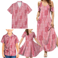 Aloha Hawaii Vintage Kahili Pa'a Lima Family Matching Summer Maxi Dress and Hawaiian Shirt Palaka Print Berry Pink