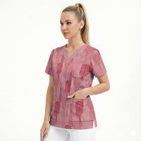 Aloha Hawaii Vintage Kahili Pa'a Lima Scrub Top Palaka Print Berry Pink
