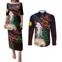 New Caledonia Kanaky Personalized Couples Matching Puletasi and Long Sleeve Button Shirt Kagu Bird Emblem - Polynesian Pride
