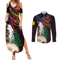 New Caledonia Kanaky Personalized Couples Matching Summer Maxi Dress and Long Sleeve Button Shirt Kagu Bird Emblem - Polynesian Pride