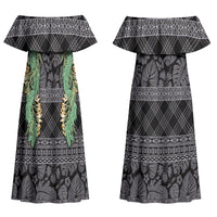 Hawai'i Paniolo Maile Twisted Lei Couples Matching Off Shoulder Maxi Dress and Long Sleeve Button Shirt Obsidian Black LT7 - Polynesian Pride