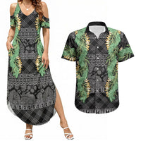 Hawai'i Paniolo Maile Twisted Lei Couples Matching Summer Maxi Dress and Hawaiian Shirt Obsidian Black LT7 Black - Polynesian Pride