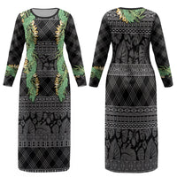 Hawai'i Paniolo Maile Twisted Lei Family Matching Long Sleeve Bodycon Dress and Hawaiian Shirt Obsidian Black LT7 Mom's Dress Black - Polynesian Pride