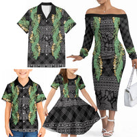 Hawai'i Paniolo Maile Twisted Lei Family Matching Off The Shoulder Long Sleeve Dress and Hawaiian Shirt Obsidian Black LT7 - Polynesian Pride
