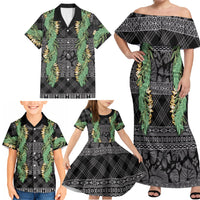 Hawai'i Paniolo Maile Twisted Lei Family Matching Off Shoulder Maxi Dress and Hawaiian Shirt Obsidian Black LT7 - Polynesian Pride