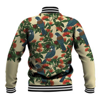 New Zealand Christmas Baseball Jacket Romantic Tui Birds on Pohutukawa - Ivory - Polynesian Pride