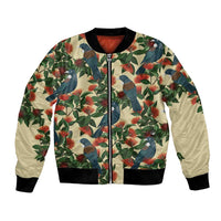 New Zealand Christmas Bomber Jacket Romantic Tui Birds on Pohutukawa - Ivory - Polynesian Pride
