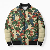New Zealand Christmas Bomber Puffer Jacket Romantic Tui Birds on Pohutukawa - Ivory - Polynesian Pride