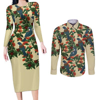 New Zealand Christmas Couples Matching Long Sleeve Bodycon Dress and Long Sleeve Button Shirt Romantic Tui Birds on Pohutukawa - Ivory - Polynesian Pride