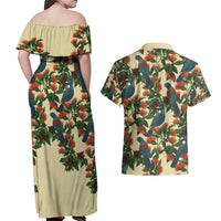 New Zealand Christmas Couples Matching Off Shoulder Maxi Dress and Hawaiian Shirt Romantic Tui Birds on Pohutukawa - Ivory - Polynesian Pride
