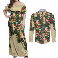 New Zealand Christmas Couples Matching Off Shoulder Maxi Dress and Long Sleeve Button Shirt Romantic Tui Birds on Pohutukawa - Ivory - Polynesian Pride