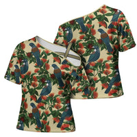 New Zealand Christmas Cross Shoulder Shirt Romantic Tui Birds on Pohutukawa - Ivory - Polynesian Pride
