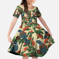 New Zealand Christmas Family Matching Off Shoulder Maxi Dress and Hawaiian Shirt Romantic Tui Birds on Pohutukawa - Ivory LT7 Daughter's Dress Ivory - Polynesian Pride