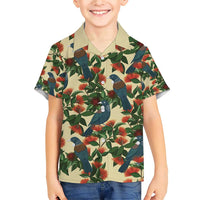 New Zealand Christmas Family Matching Short Sleeve Bodycon Dress and Hawaiian Shirt Romantic Tui Birds on Pohutukawa - Ivory - Polynesian Pride